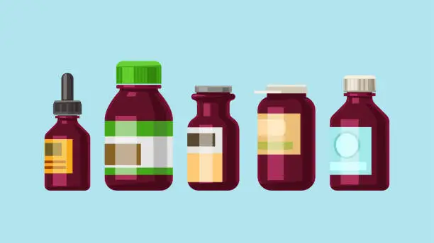 Vector illustration of various brown medicine bottles shapes in set