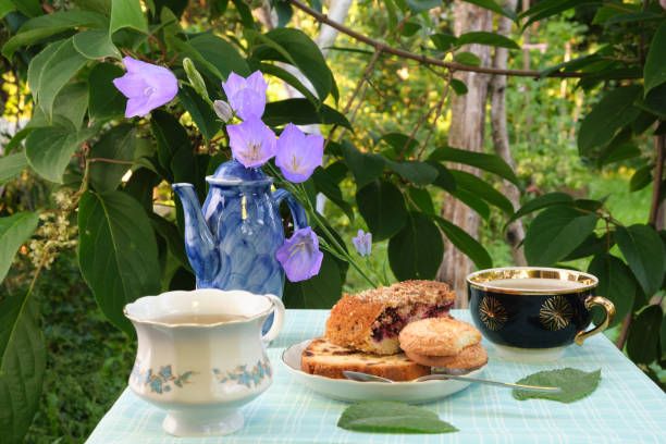 istock mint tea outdoors in mugs, cookies and cupcakes in a plate, flowers 1500604971