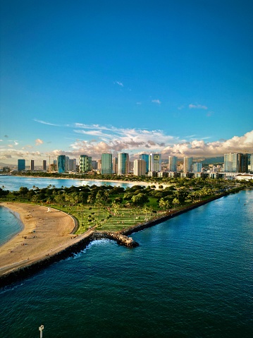 An aerial view of Ala Moana Beach, Honolulu, Hawaii, USA