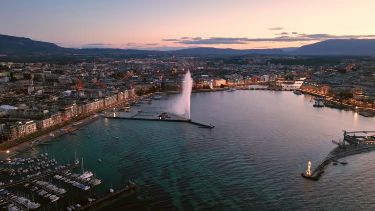 Aerial view at Geneva Water Fountain in Geneva Lake, Switzerland.