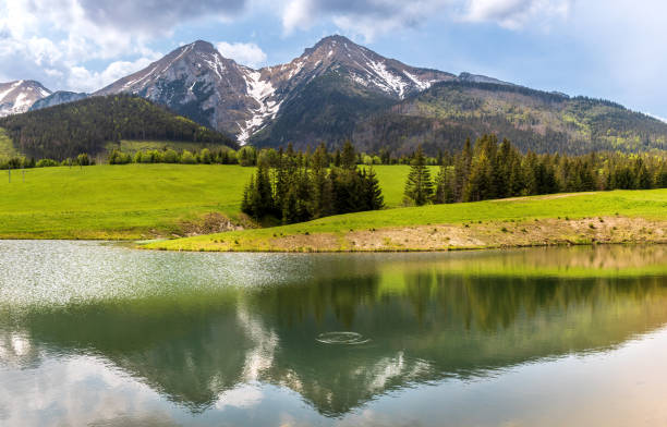 The lake near the ski resort Strednica – Zdiar located in the Preshov Region (Slovakia) under the High Tatras and Belianske Tatras mountains.