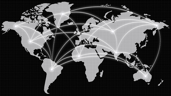 Uncover the interconnectedness of our world with this captivating stock image. A black and white world map is adorned with a network of interconnecting lines, representing the global nature of business, technology, and communication. The abstract design captures the essence of a digital and interconnected society.