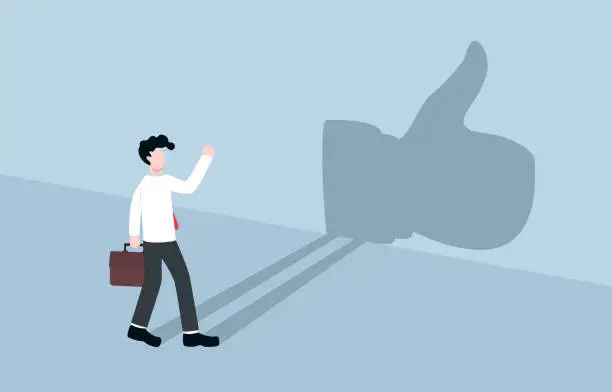 Vector illustration of Self-encouragement, confidence in your own potential, thinking proud of yourself concept, Businessman seeing his silhouette as thumbs up sign.