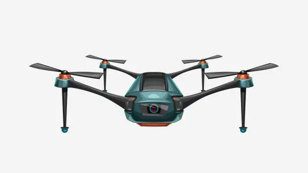 Vector illustration of front view modern colorful drone on white