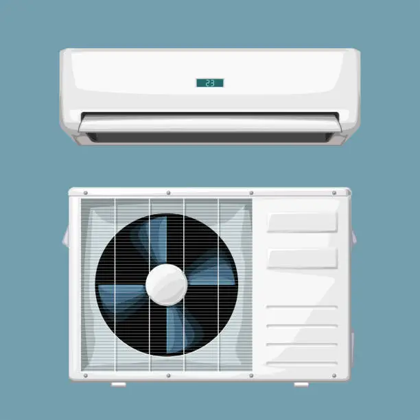 Vector illustration of white split air conditioner system on blue