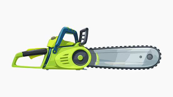 illustration of green petrol chainsaw side view isolated on white background