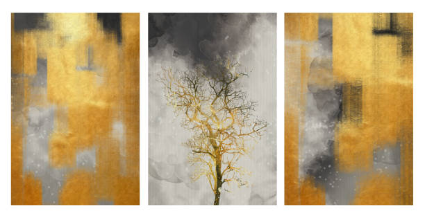 istock Modern golden and gray abstract artwork. Creative golden tree and black shapes. 3d Canvas wall poster art 1500614991