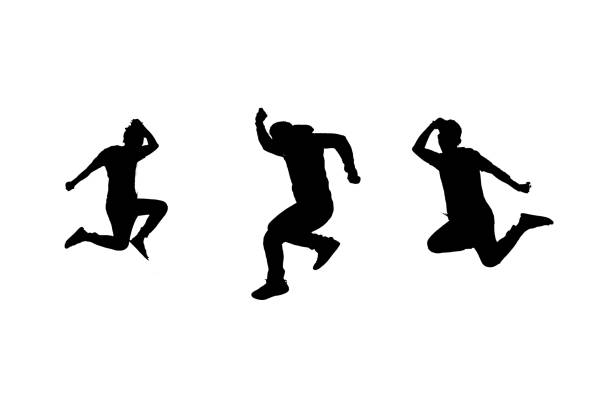 silhouette of three man jumping on a white background