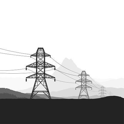illustration of electric towers connected with wires through landscape silhouette