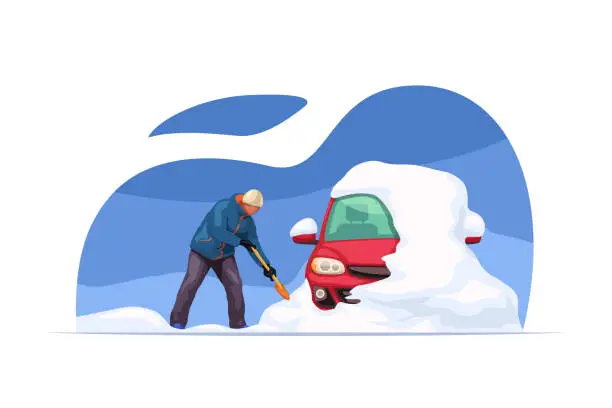 Vector illustration of man cleaning snow from car using shovel
