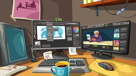 Colorful illustration of professional digital artist workspace with lot of tools cartoon style