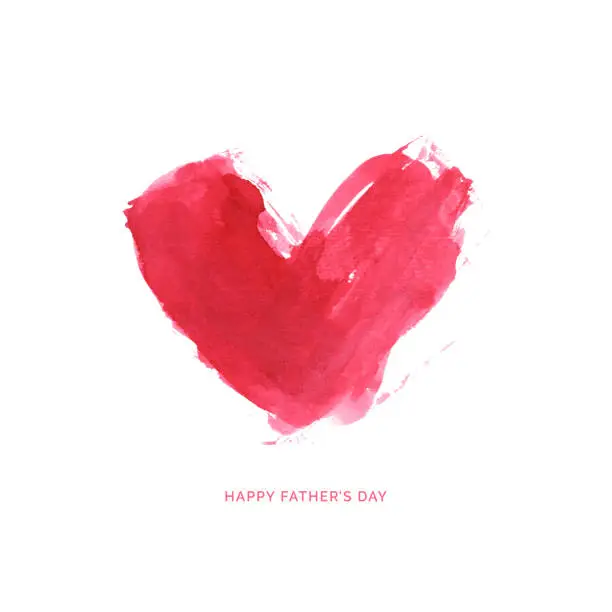 Vector illustration of Happy Fathers Day greeting card with one big heart  hand painted by red watercolor - stock illustration in vector with natural messy uneven imperfections and visible brush strokes