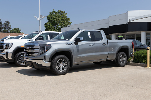 Lafayette - June 21, 2023: GMC Sierra 1500 pickup display at a dealership. GMC offers the Sierra in HD, HD Pro, AT4 and Denali models.