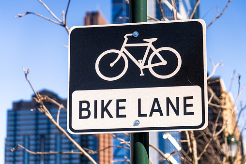 Close-up of a simple bike lane sign in Philadelphia, USA.