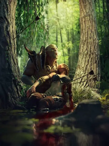 3D render of a fantasy scene featuring an orc holding a fallen female companion in a swampy area