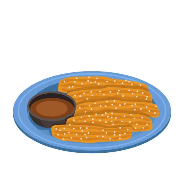 Vector illustration of Churros. Sweet roasted pastry dough with sugar and chocolate sauce. Dessert.