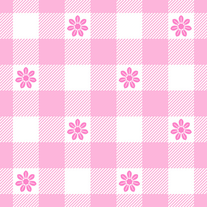 Seamless gingham pattern with bright coloured flowers with pink undertones, decorating for wrapping paper, wallpaper, backdrop and other fabric design