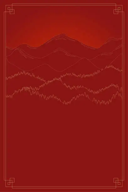 Vector illustration of Mountain range landscape background. Red mountains in Chinese or Japanese style frame. Natural vertical banner. Vector illustration