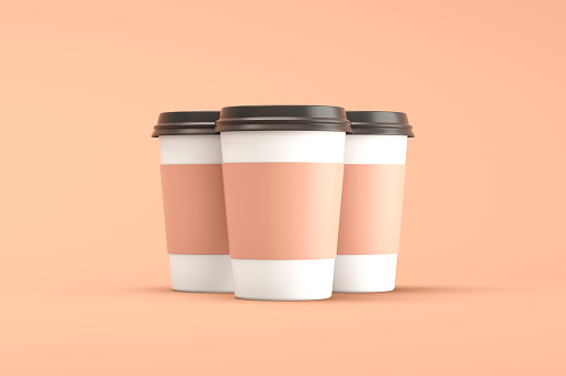 Disposable paper coffee cups with a black lid. 3d illustration