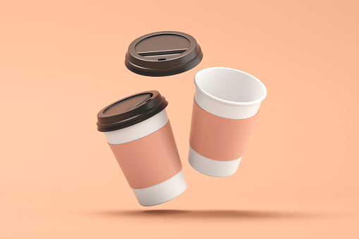 Disposable paper coffee cups with a black lid on a brown background. 3d illustration
