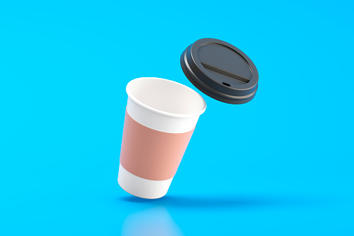 Coffee cup and lid on blue background. 3d illustration