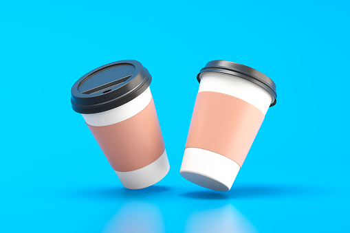 Disposable paper coffee cups with a black lid on a blue background. 3d illustration