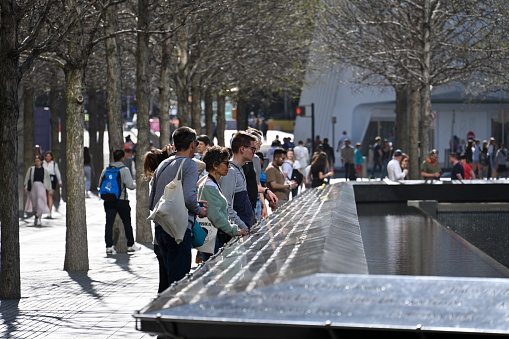 New York, USA, April 13, 2023 - The 9 / 11 Memorial South Pool / National September 11 Memorial in New York, USA.