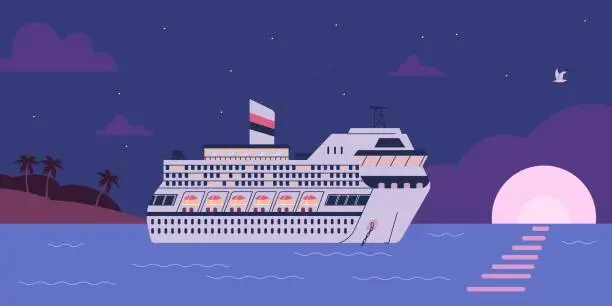 Vector illustration of Huge cruise liner swims in evening sea or ocean flat style
