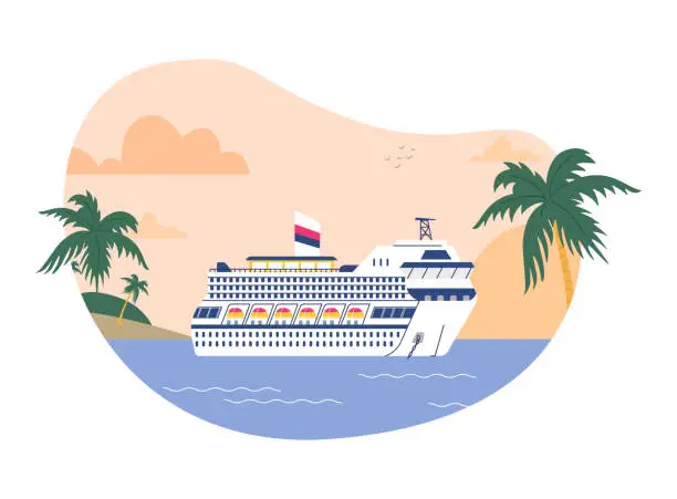 Vector illustration of Abstract shape with swimming large cruise liner in sea or ocean flat style