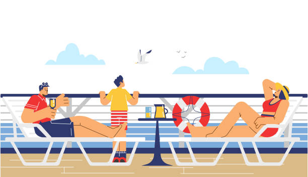 Family with child relaxing on board a luxury cruise ship or yacht. Family summer vacation journey on luxurious sea liner, flat cartoon vector illustration.