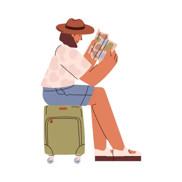 Vector illustration of Pretty girl traveler sits on suitcase and studies map, Vector isolated illustration of disproportionate line art characters