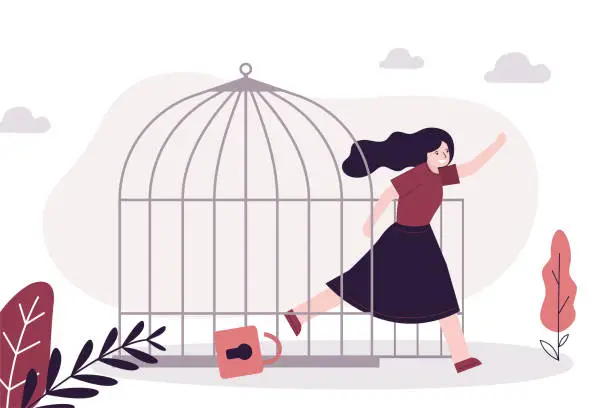 Vector illustration of Woman escaping from the cage. Female character steps out of prison. Girl getting out of tight space. Freedom, mental health issues, taking new opportunities concept.