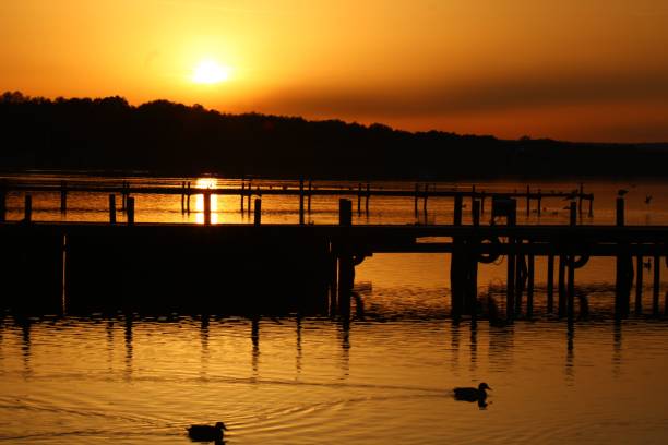 istock a small wooden dock surrounded by water under the setting sun 1500635741