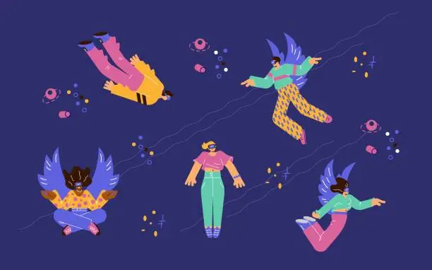 Vector illustration of Set of flying people in VR glasses flat style, vector illustration