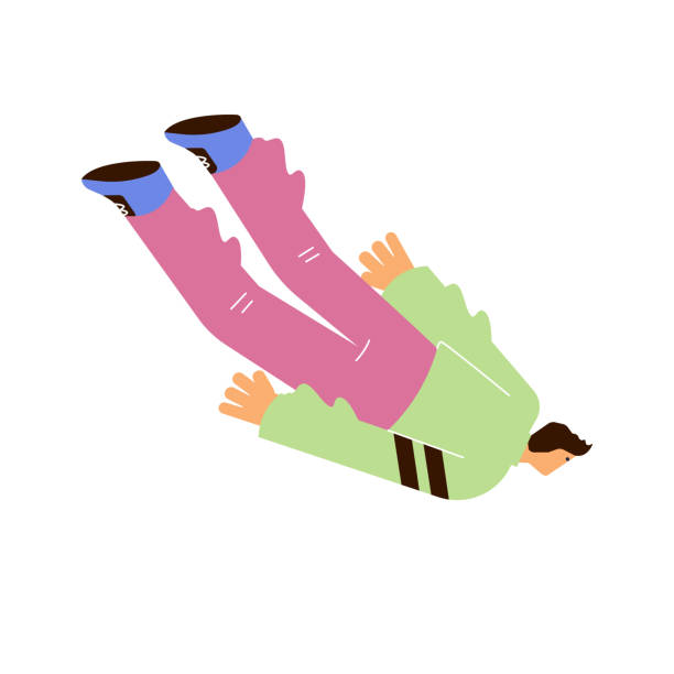 wektor izolowany nieproporcjonalny charakter człowieka lecącego, unoszącego się w powietrzu, skierowanego w dół. energia, aspiracje, ambicje i inspiracje - men businessman jumping levitation stock illustrations