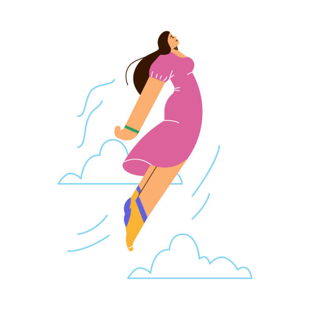 illustrations, cliparts, dessins animés et icônes de illustration isolée vectorielle d’une femme disproportionnée en robe rose s’envole, fille énergique excitée dans l’action, le mouvement, avec des nuages griffonnés - image smiley gratuit