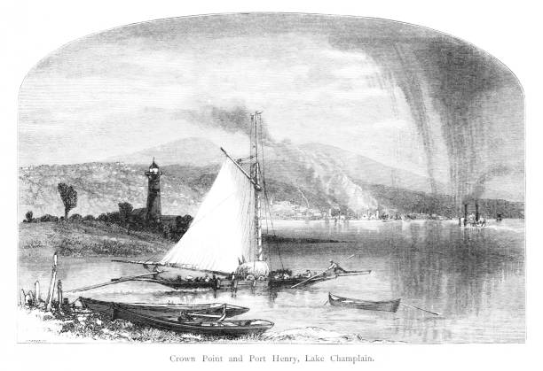 Lake Champlain, Crown Point and Port Henry, New York State, United States, American Geography Crown Point and Port Henry on Lake Champlain, New York State,  USA.  Lake Champlain flows through the  Appalachian and Adirondack Mountains, and extends to Quebec, Canada, North America. Pencil and pen engraving published 1874. This edition edited by William Cullen Bryant is in my private collection. Copyright is in public domain. adirondack mountains stock illustrations