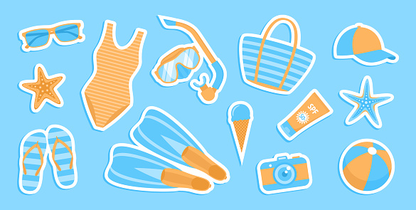 Set of summer beach items in blue and orange colors. Summer stickers on a blue background. Vector illustration in flat style