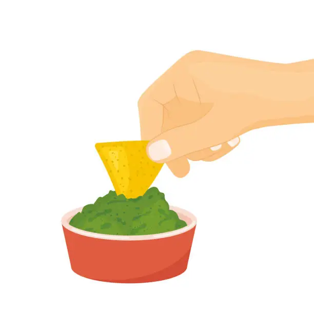 Vector illustration of hand dipping nacho in the bowl with guacamole