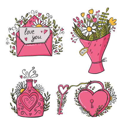 istock Set  illustrations in a doodle style painted in pink. Stickers for valentine's day. Bouquet with flowers,  love letter,  love elixir,  key with  lock 1500644889