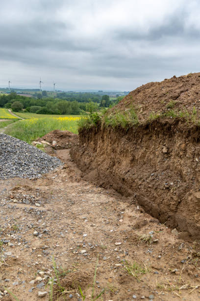 istock Earthworks, digging trench. Long earthen trench 1500646674