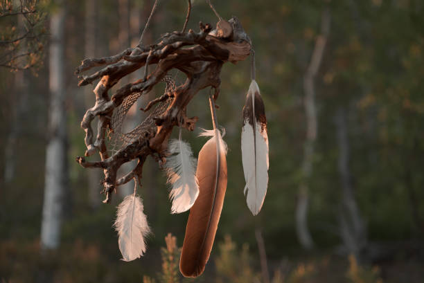 istock Dreamcatcher in the forest. Hand made decorative ornament made of tree root and feathers 1500647525