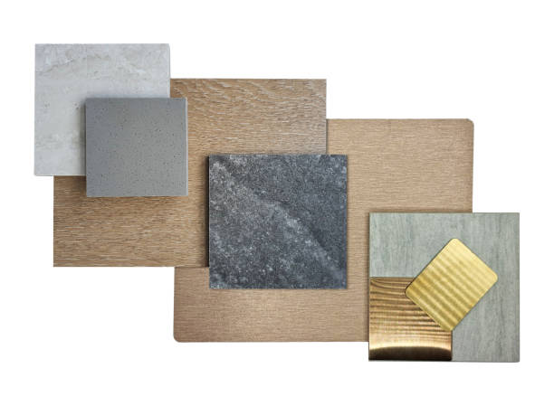 istock group of industrial interior material samples including gold stainless, hairline copper aluminium, bronze metallic, stone tiles, wooden veneer, quartz isolated on background with clipping path. 1500648385