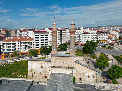 Double Minarets (Cifte Minare) Mosque and Sivas City Center Drone Photo , Sivas Turkey