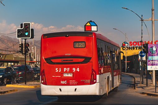 Santiago, Chile -  January 2023: A Transantiago, now rebranded as Red Metropolitana de Movilidad,  public transport bus in Santiago. This bus covers routes in urban Santiago since 2007.
