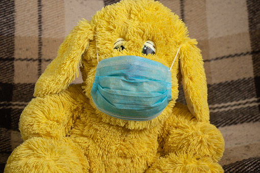 baby teddy bear masked medical closeup epidemic