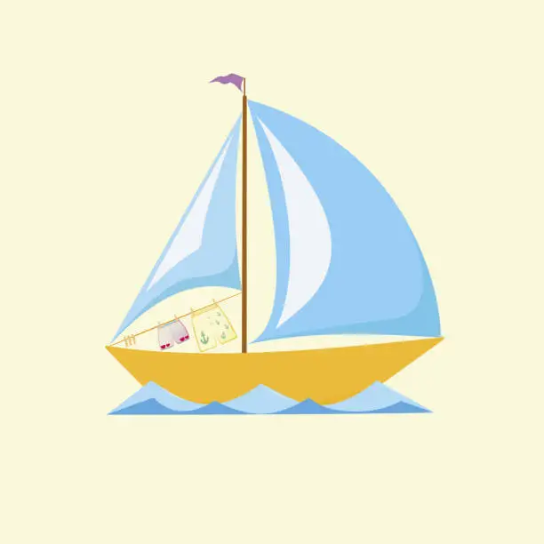 Vector illustration of The sailboat of lovers floating on the waves. On the deck, the underwear of a couple in love is dried.