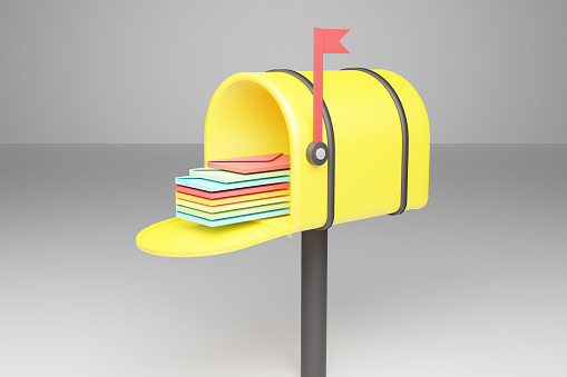 old design 3d render yellow box with multi color mail envelope on flag handle 3d render illustration