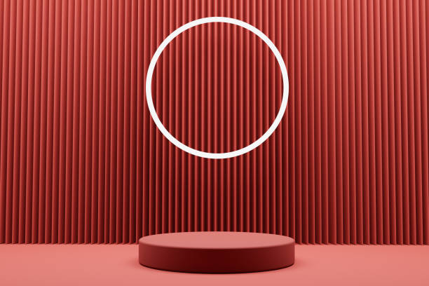 istock Red 3d illustration rendered stage design podium with empty space. Abstract modern free space with emission light background 1500660178