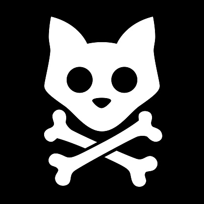 Vector illustration of a cat skull and crossbones on a square background.